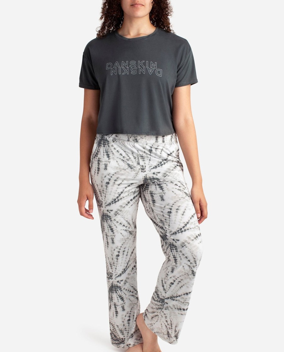 Women DANSKIN | Cropped Short Sleeve Sleep Set With Wide Leg Pant Mineralite Tie Dye