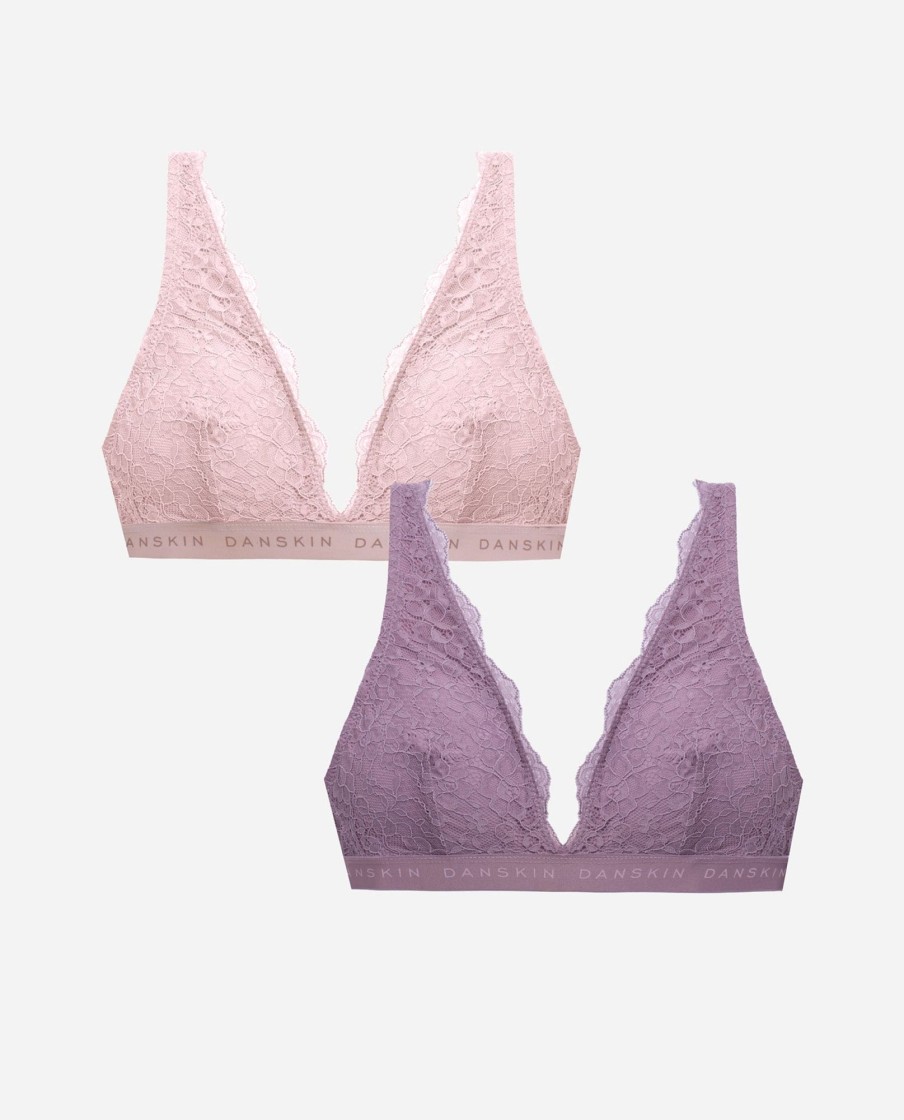 Women DANSKIN | 2-Pack Lace Bralette With Logo Band Faded Meadow/Washed Silk