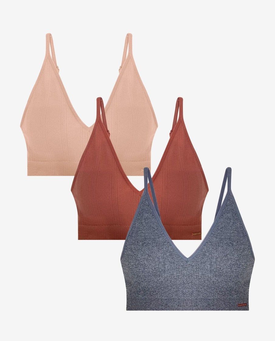 Women DANSKIN | 3-Pack Ribbed Deep-V Bralette Pink Cinnamon Multi