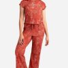 Women DANSKIN | Ribbed Short Sleeve Sleep Set With Wide Leg Pant Coco Clay Ikat