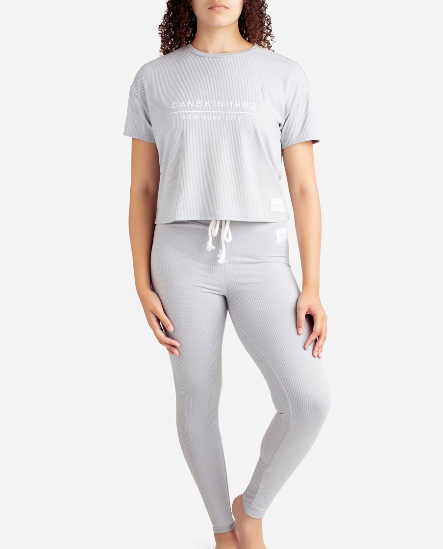 Women DANSKIN | Ribbed Boxy Raglan Tee Sleep Set With High Waisted Leggings Rainstorm