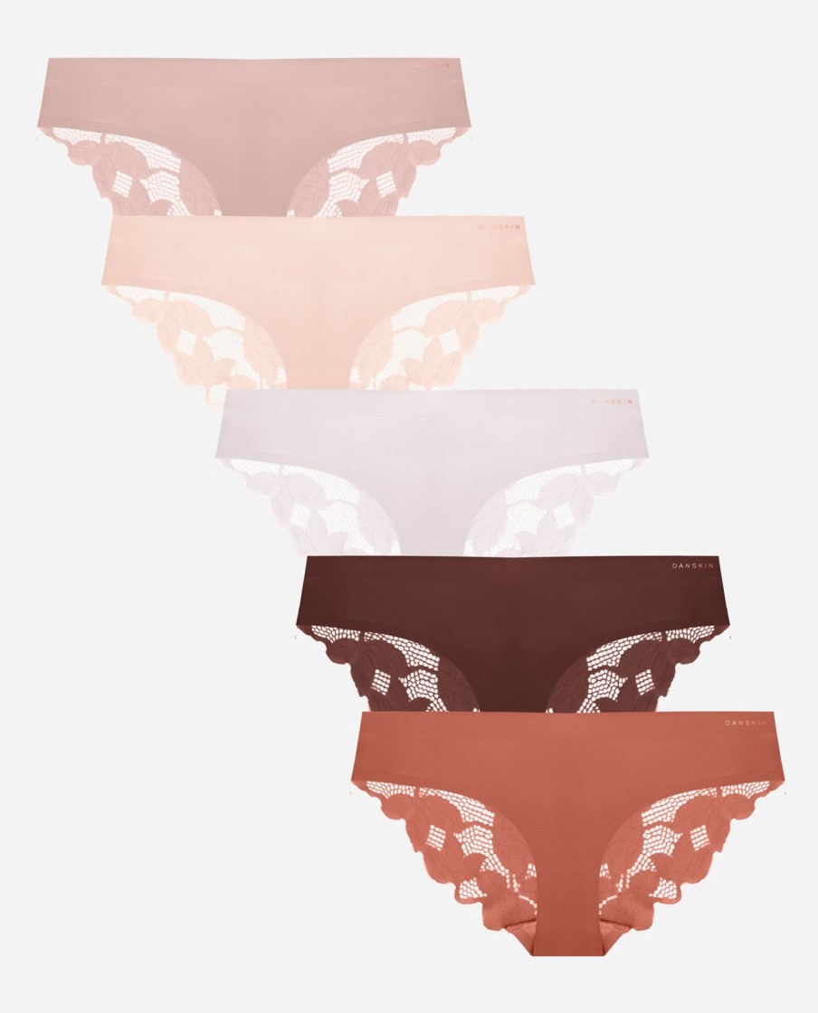 Women DANSKIN | 5-Pack Bonded Microfiber Hipster Underwear With Lace Back