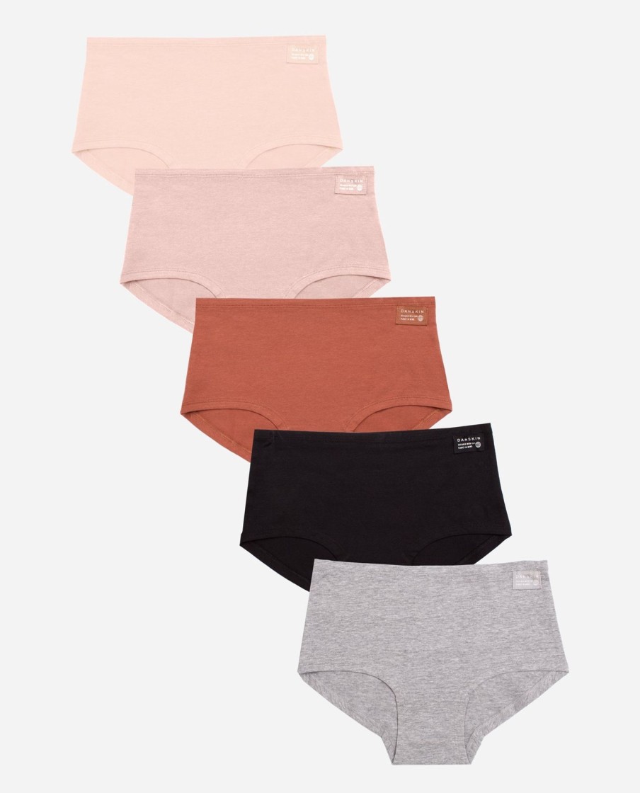 Women DANSKIN | 5-Pack Organic Cotton Spandex Boyshort Coconut Husk Multi