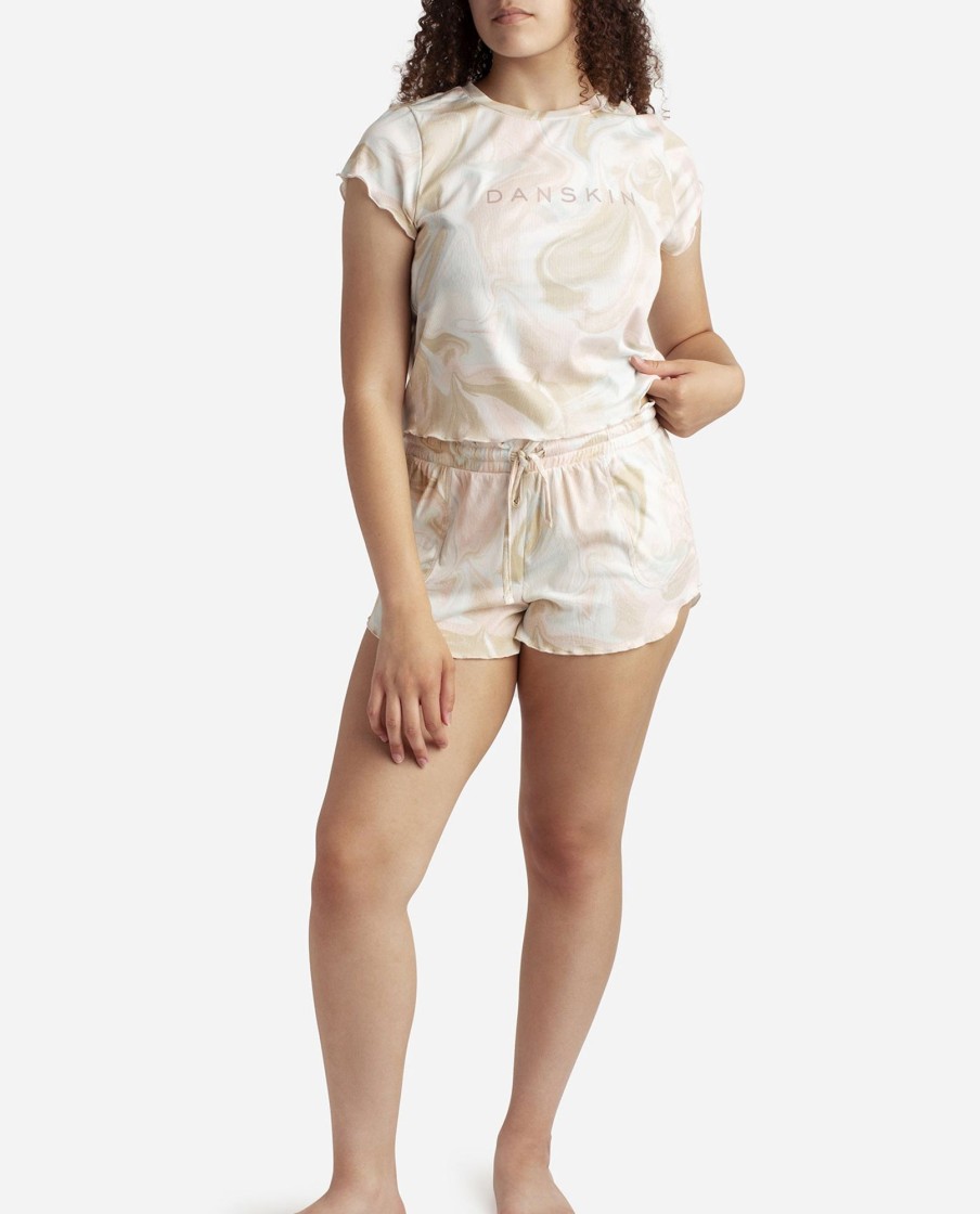 Women DANSKIN | Ribbed Short Sleeve Sleep Set With Shorts Multi Marble