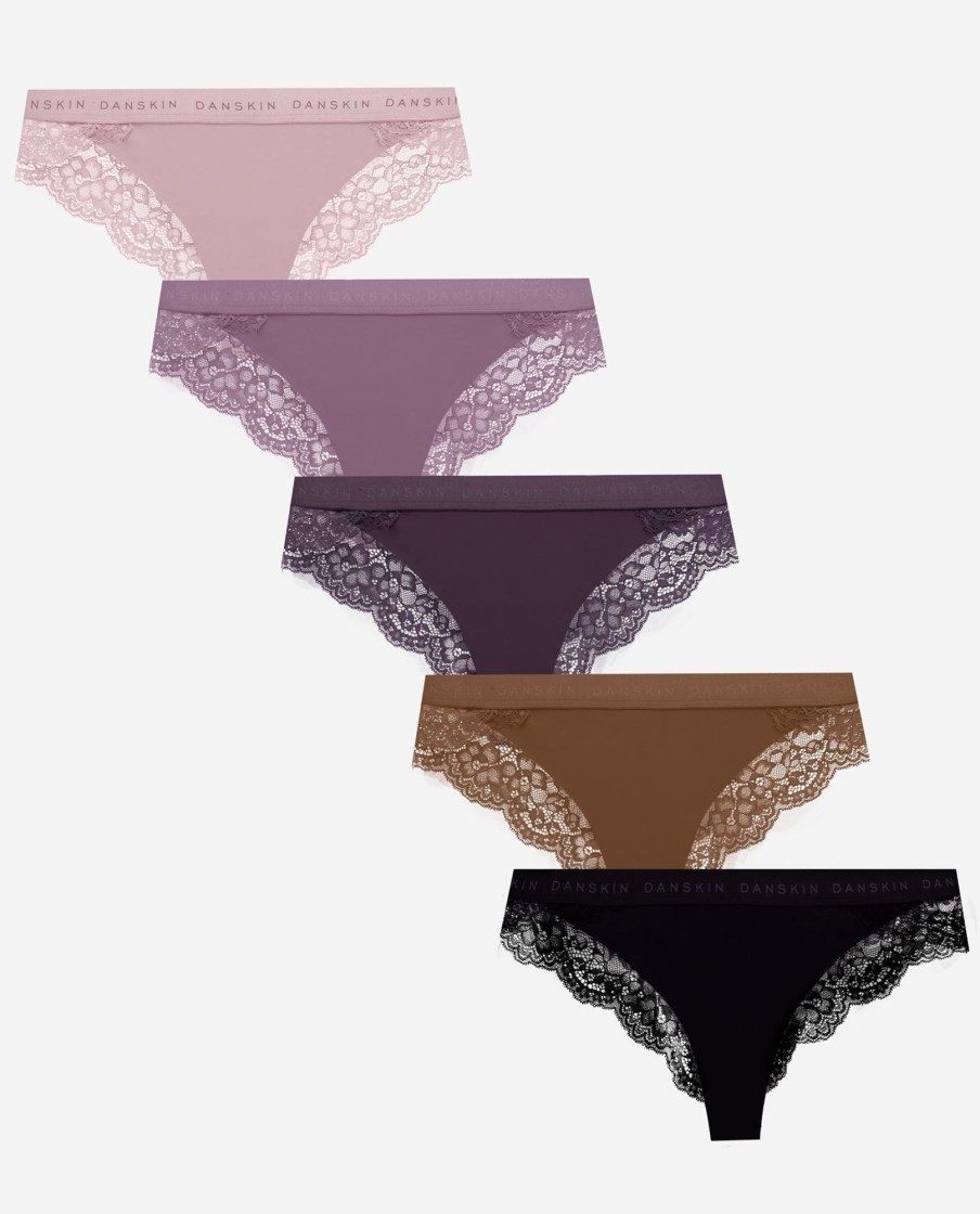 Women DANSKIN | 5-Pack Micro Tanga Underwear With Lace Back And Logo Band Faded Meadow Multi