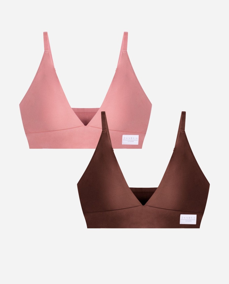 Women DANSKIN | 2-Pack Brushed Micro Laser Lounge Plunge Bra Ambered Coral/Espresso Bean