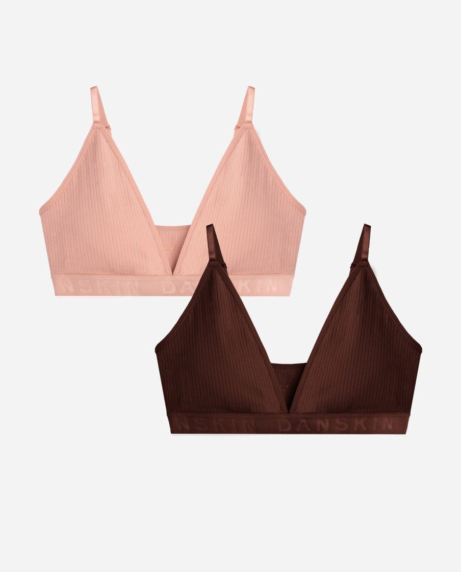 Women DANSKIN | 2-Pack Ribbed Seamless Bralette Shellstone/Chocolate Rouge